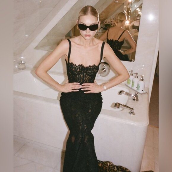 NEW Helsa Lace Column Dress Sheer Bustier Maxi Black | XS - Picture 4 of 16